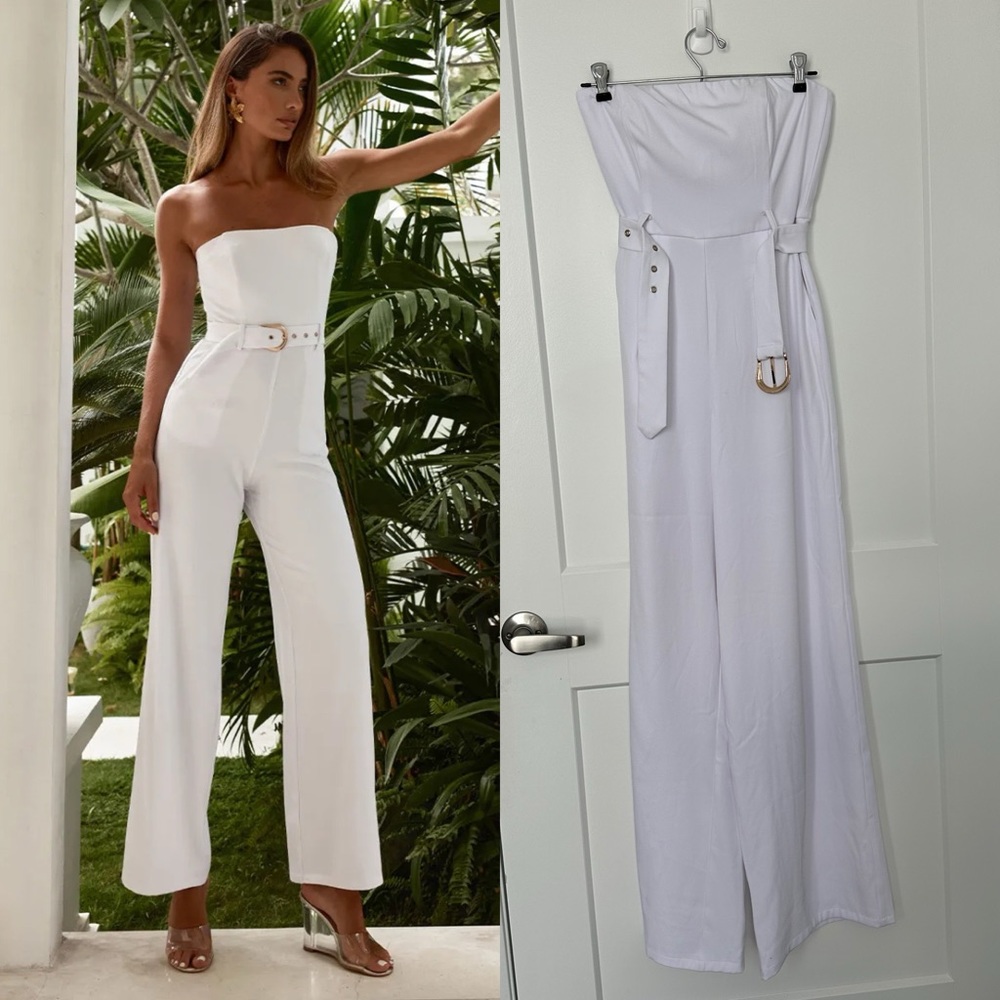 NWT Runaway the Label White Loxana Jumpsuit with Gold Belt - Size XS
